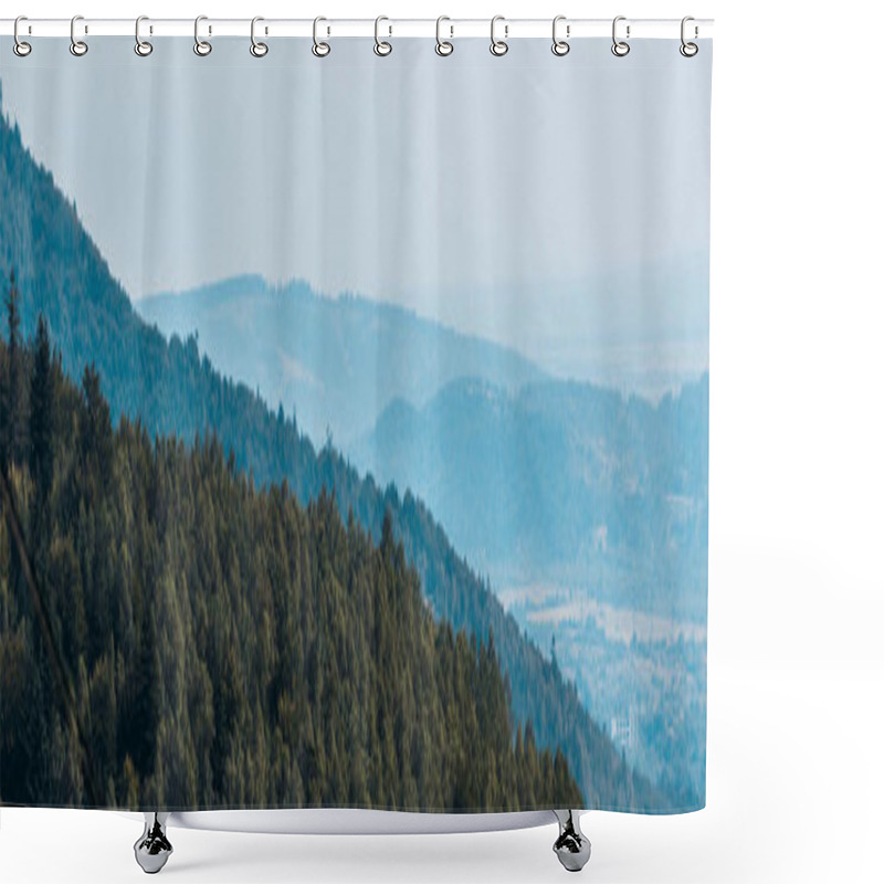 Personality  Panoramic Shot Of Mountains Near Green Trees  Shower Curtains