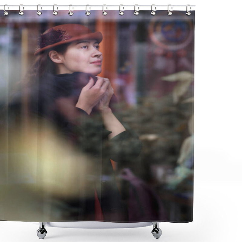 Personality  Retro Portrait Of Woman Through The Cafe Window In Hat And Coat Shower Curtains