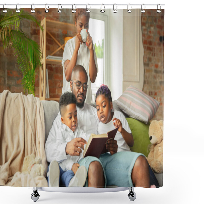 Personality  Young African Family During Quarantine, Insulation Spending Time Together At Home Shower Curtains