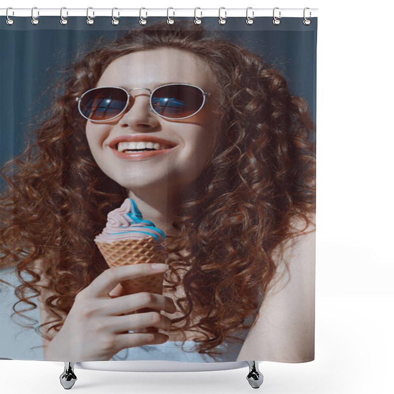 Personality  Girl In Sunglasses Eating Ice Cream Shower Curtains