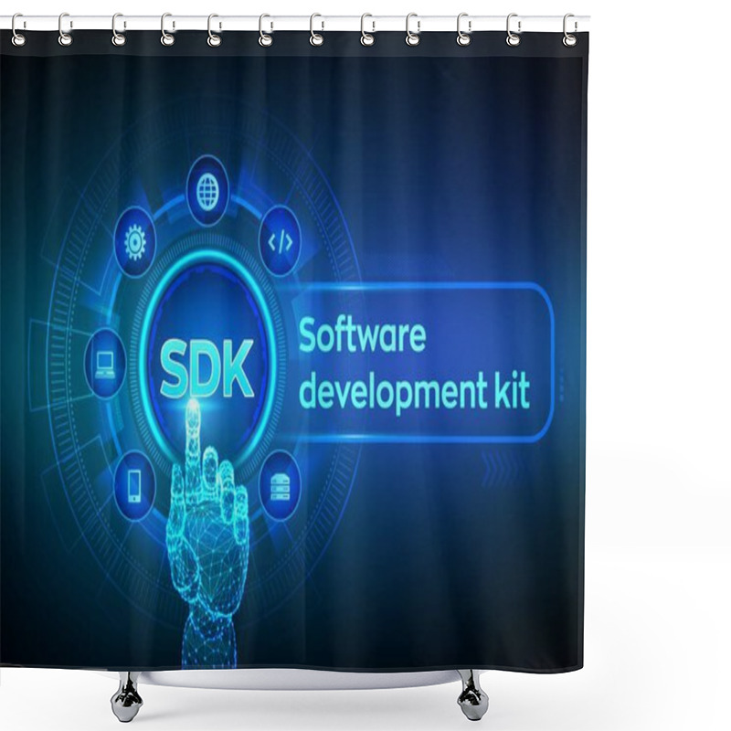 Personality  SDK. Software Development Kit Programming Language Technology Concept On Virtual Screen. Technology Concept. Robotic Hand Touching Digital Interface. Vector Illustration. Shower Curtains