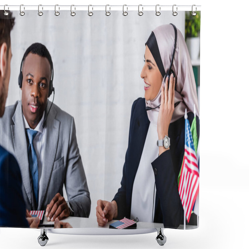 Personality  Smiling Arabian And African American Business Partners In Headsets Near Interpreter On Blurred Foreground Shower Curtains