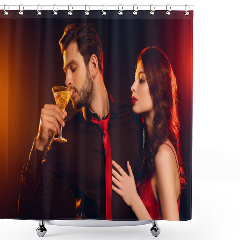 Personality  Handsome Man Drinking Cocktail Near Elegant Girlfriend On Black Background With Lighting Shower Curtains