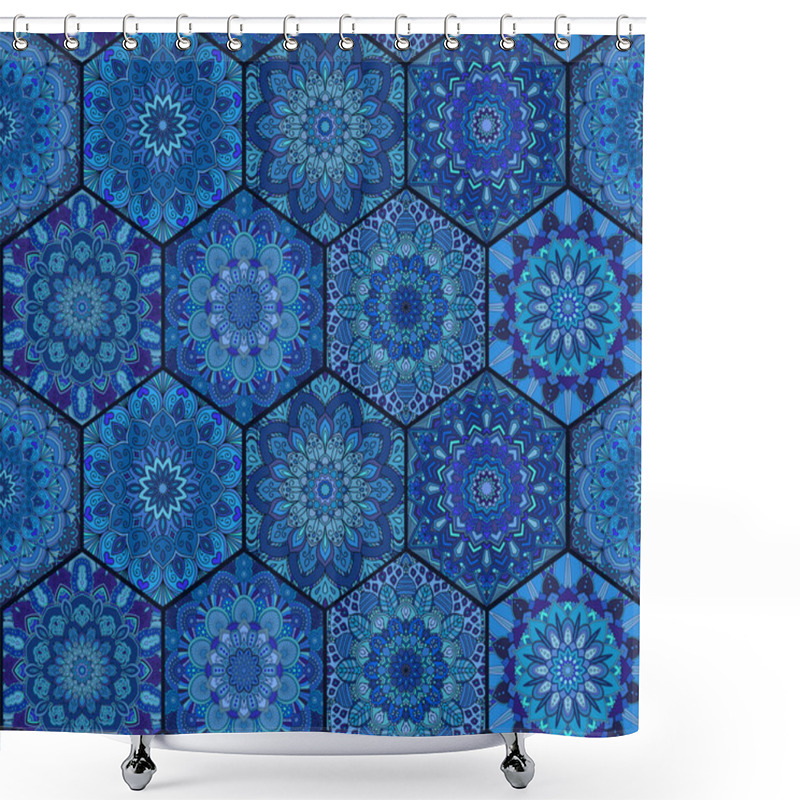 Personality  Tiles Blue Hexagon Mandala Shower Curtains