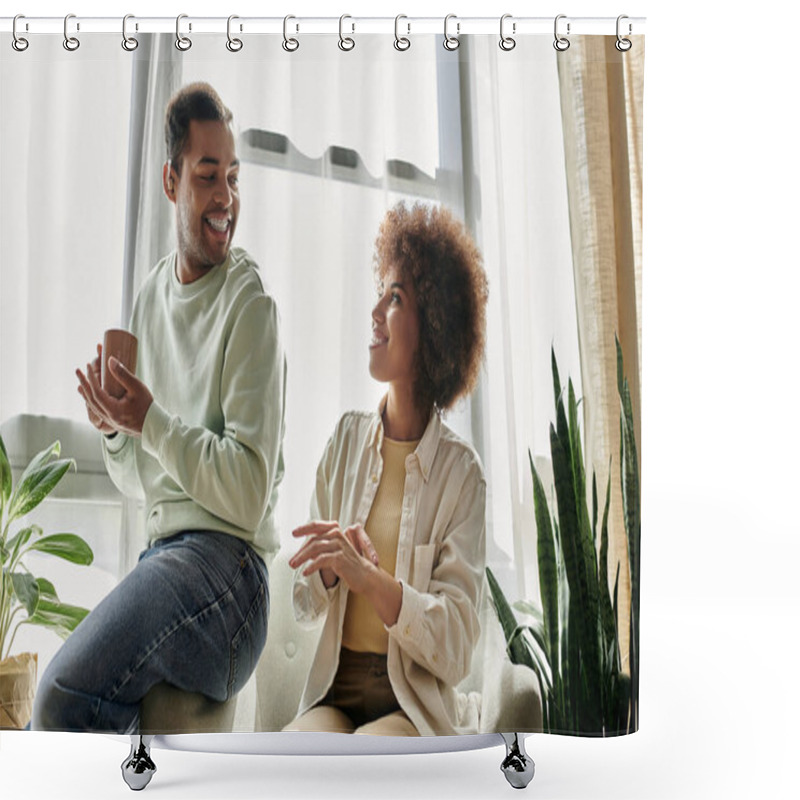 Personality  An African American Couple Communicates Through Sign Language While Relaxing At Home. Shower Curtains