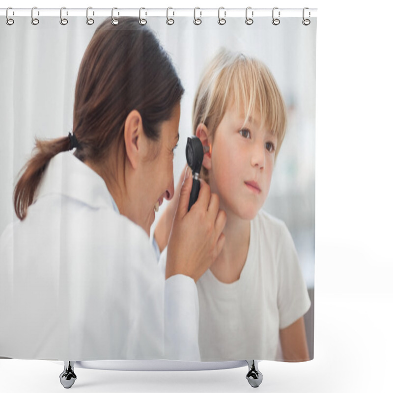 Personality  Doctor Auscultating The Ear Of A Child Shower Curtains