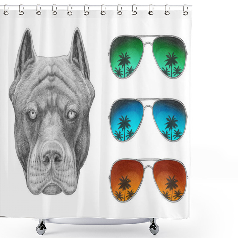 Personality  Funny Sketch Of Pit Bull Portrait And Set Of Three Aviator Sunglasses With Reflection Of Palm Trees, Isolated On White Shower Curtains