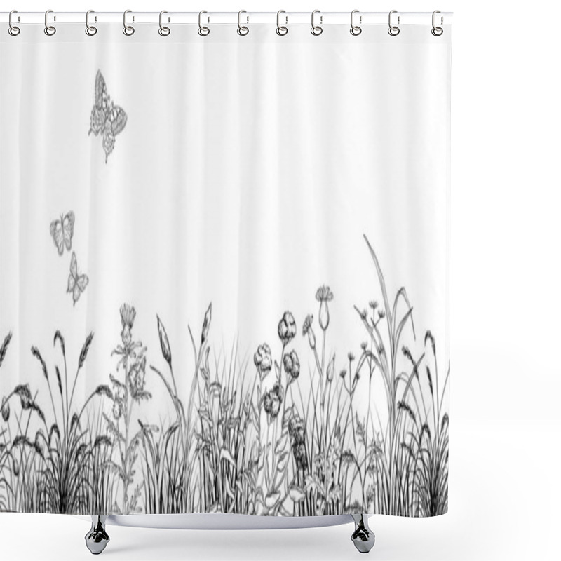 Personality  Field Butterflys Over Flowers And Grass Landscape, Black And White Shower Curtains