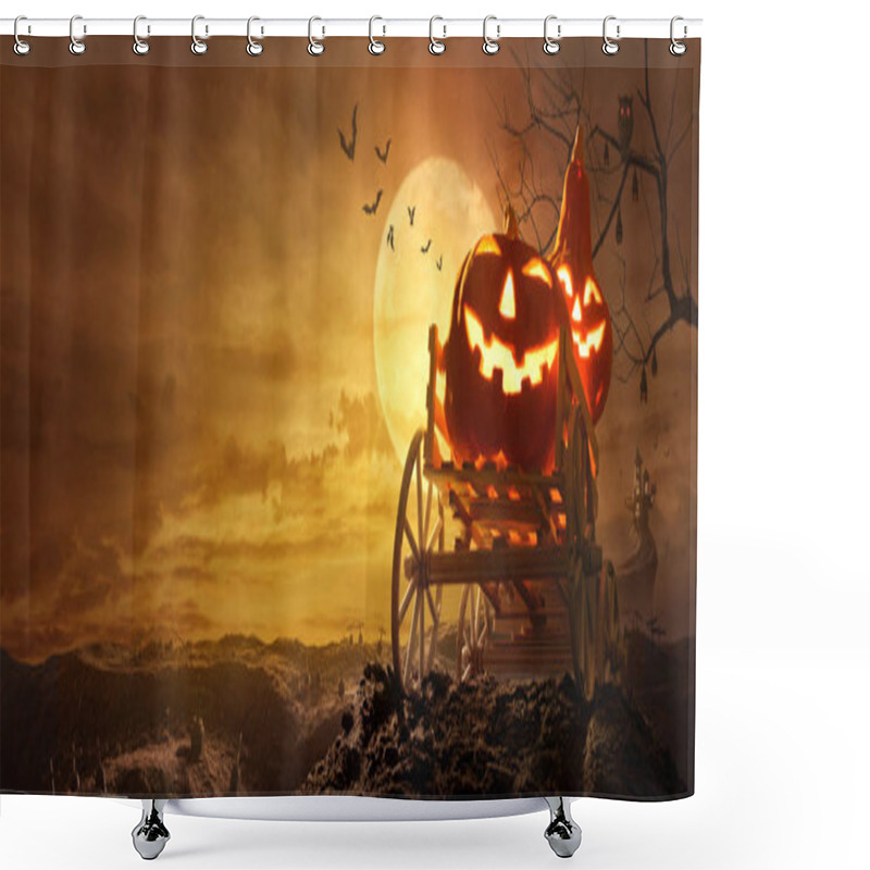 Personality  Halloween Pumpkins On Farm Wagon Going Through Stretched Road Grave To Castle Spooky In Night Of Full Moon And Bats Flying. Shower Curtains