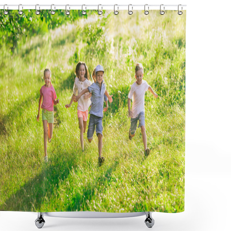 Personality  Kids, Children Running On Meadow In Summers Sunlight Shower Curtains