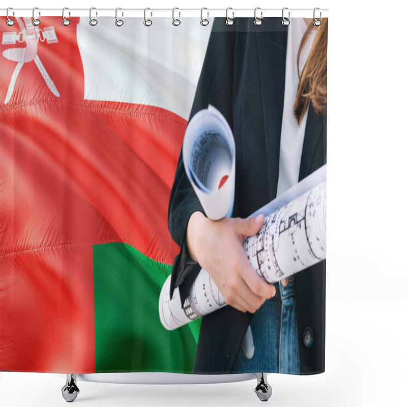 Personality  Omani Architect Woman Holding Blueprint Against Oman Waving Flag Background. Construction And Architecture Concept. Shower Curtains