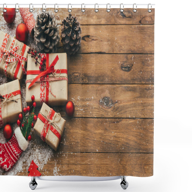 Personality  Christmas Gift Box On Wooden Table. Top View With Space For Your Greetings Shower Curtains