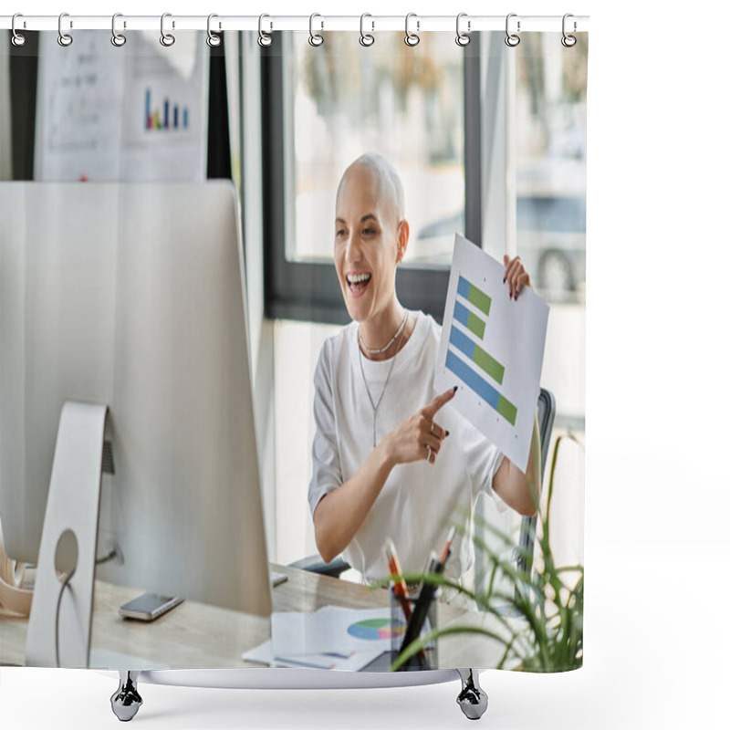 Personality  A Young Bald Woman Excitedly Shares Her Analytical Findings With Colleagues At A Modern Workspace. Shower Curtains