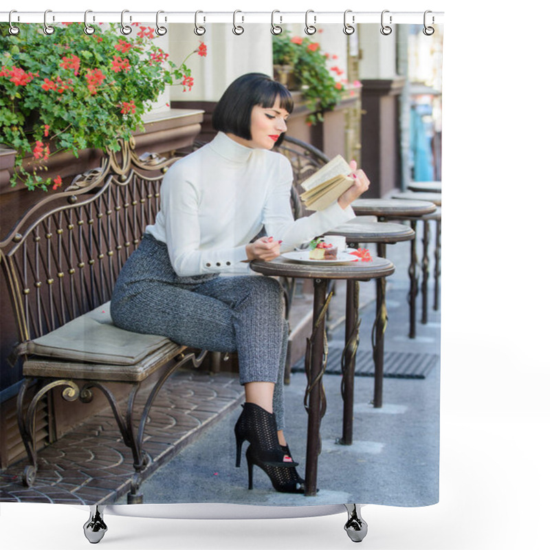 Personality  Mug Of Good Coffee And Pleasant Book Best Combination For Perfect Weekend. Woman Have Drink Enjoy Good Book Cafe Terrace. Self Improvement Concept. Literature For Female. Girl Drink Coffee Read Book Shower Curtains