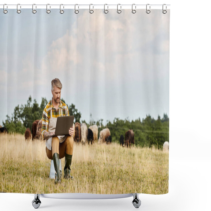 Personality  Handsome Modern Farmer With Beard Sitting With Laptop And Analyzing His Cattle Of Lambs And Sheeps Shower Curtains