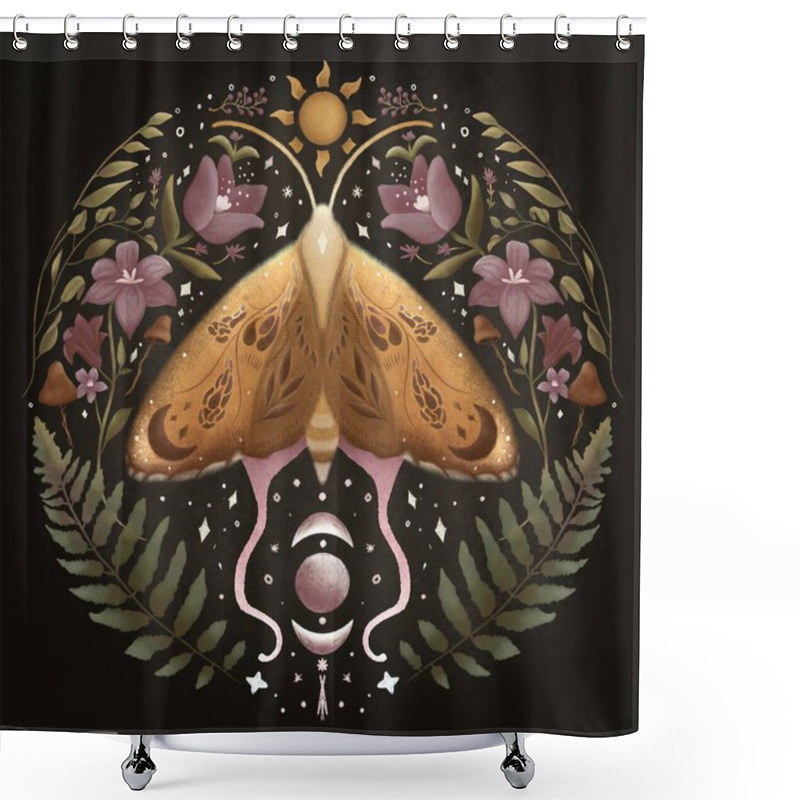 Personality  Moon Moth Illustration Fern And Flowers Mystic Symmetric Hand Drawing Butterfly With Folk Florals, Leaves Moon Stars Celestial Elements On Dark Black Background For Print Shirts Bags Home Decor Boho Shower Curtains