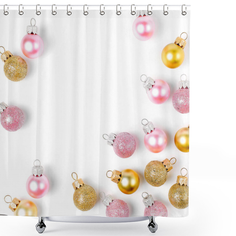 Personality  Stylish Arrangement Of Bright Christmas Balls On White Background. Flat Lay, Top View Shower Curtains