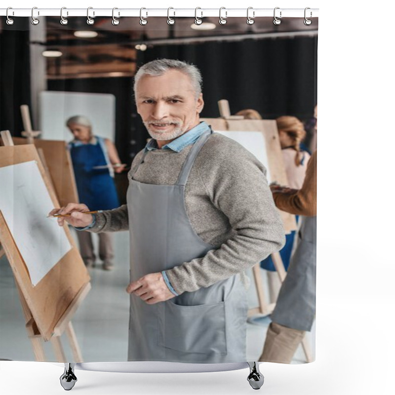 Personality  Senior Man Smiling At Camera While Standing Near Easel At Art Class Shower Curtains