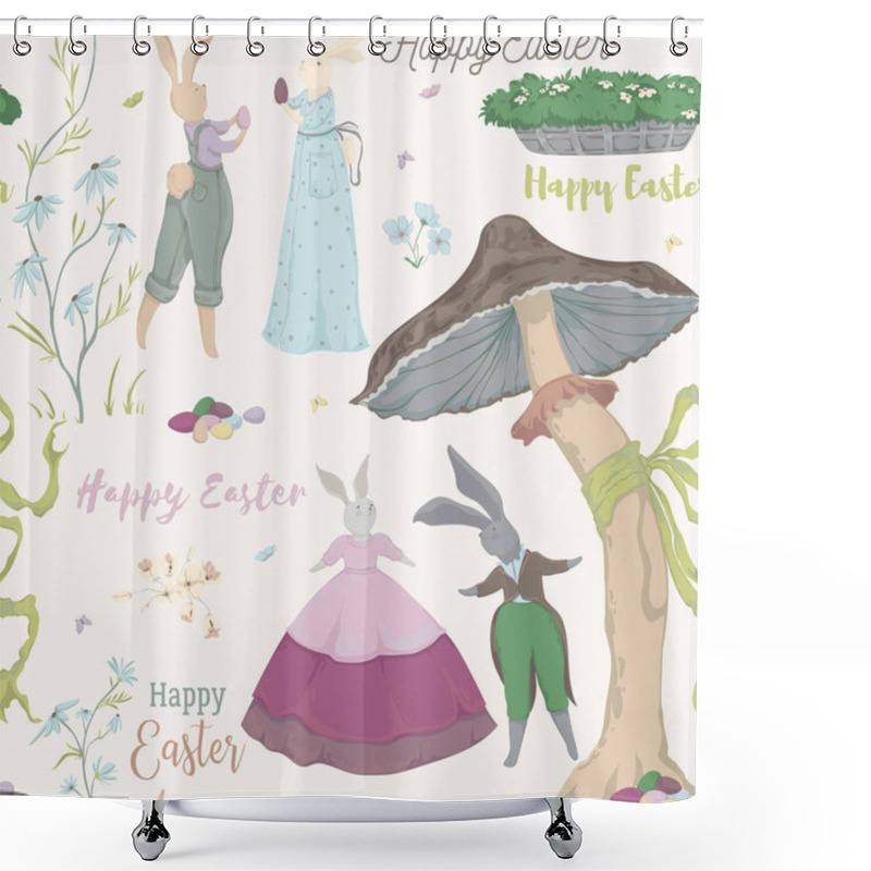 Personality  Vintage Seamless Pattern With Bunny Characters And Design Elements For The Easter Holiday. Easter Bunny, Eggs, Flowers, Basket, Mushroom, Butterflies. Vector Illustration In Watercolor Style Shower Curtains