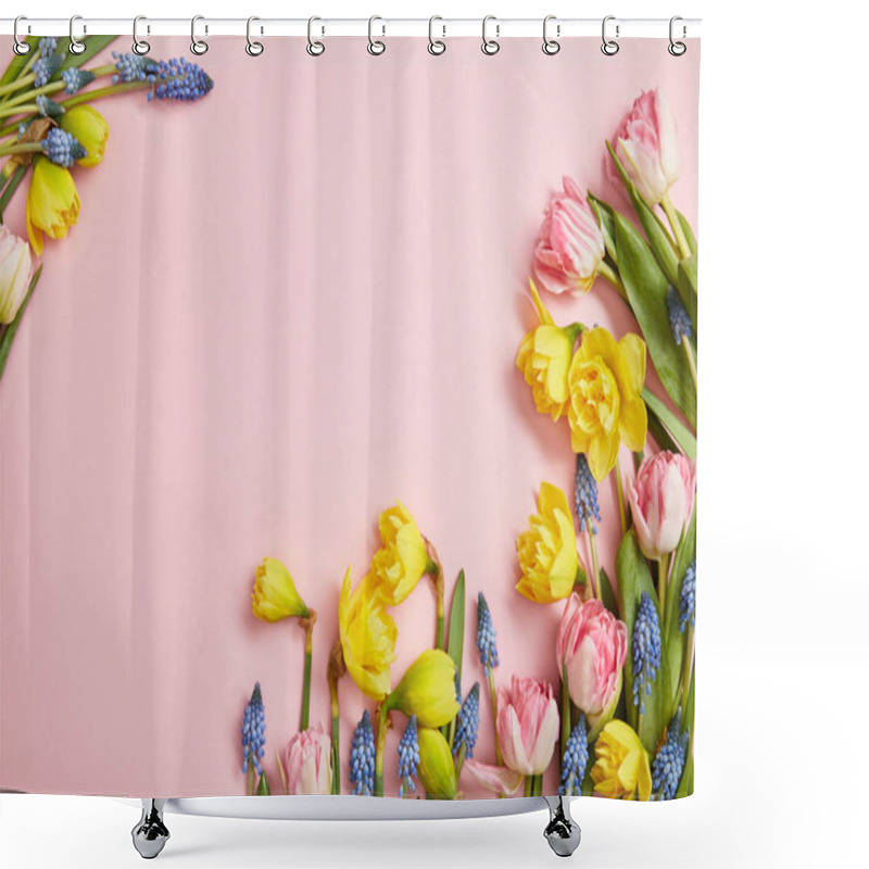 Personality  Top View Of Pink Tulips, Blue Hyacinths And Yellow Daffodils On Pink Background Shower Curtains