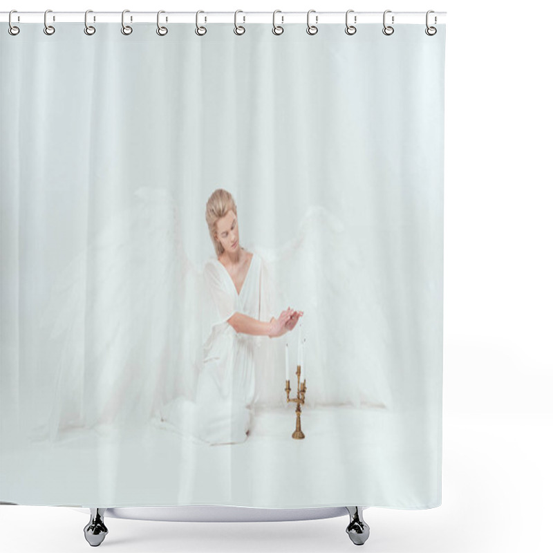 Personality  Beautiful Woman In Angel Costume With Wings Sitting Near Candelabrum With Candles Isolated On White Shower Curtains