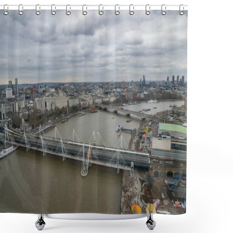 Personality  London, United Kingdom, February 17, 2018: Aerial View Of London Cityscape With The Hungerford Bridge Over The River Thames Shower Curtains