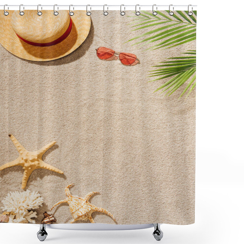 Personality  Top View Of Straw Hat With Sunglasses On Sandy Beach Shower Curtains