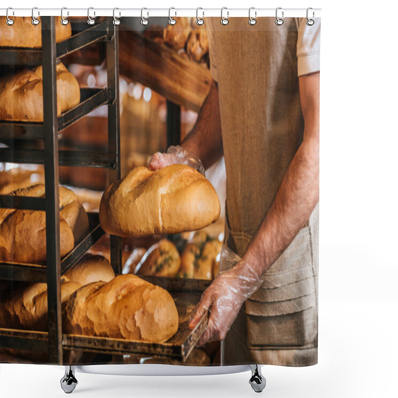 Personality  Cropped Shot Of Shop Assistant Arranging Loafs Of Bread In Supermarket Shower Curtains