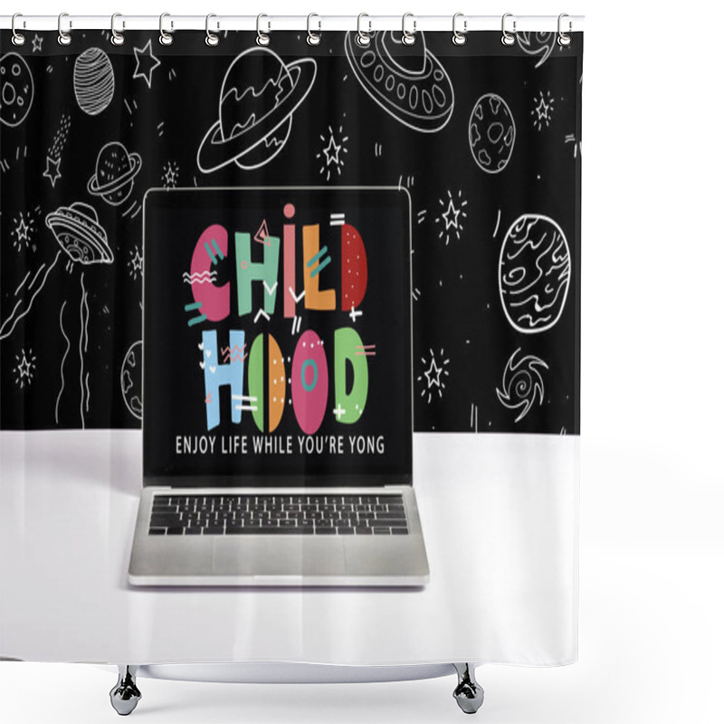 Personality  Laptop On Table With Enjoy Life While You Are Young And Childhood Lettering On Screen With White Space Illustration On Black  Shower Curtains