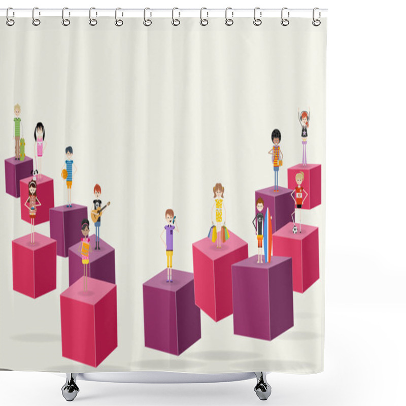 Personality  3d Cubes With Cartoon Teenagers.  Shower Curtains