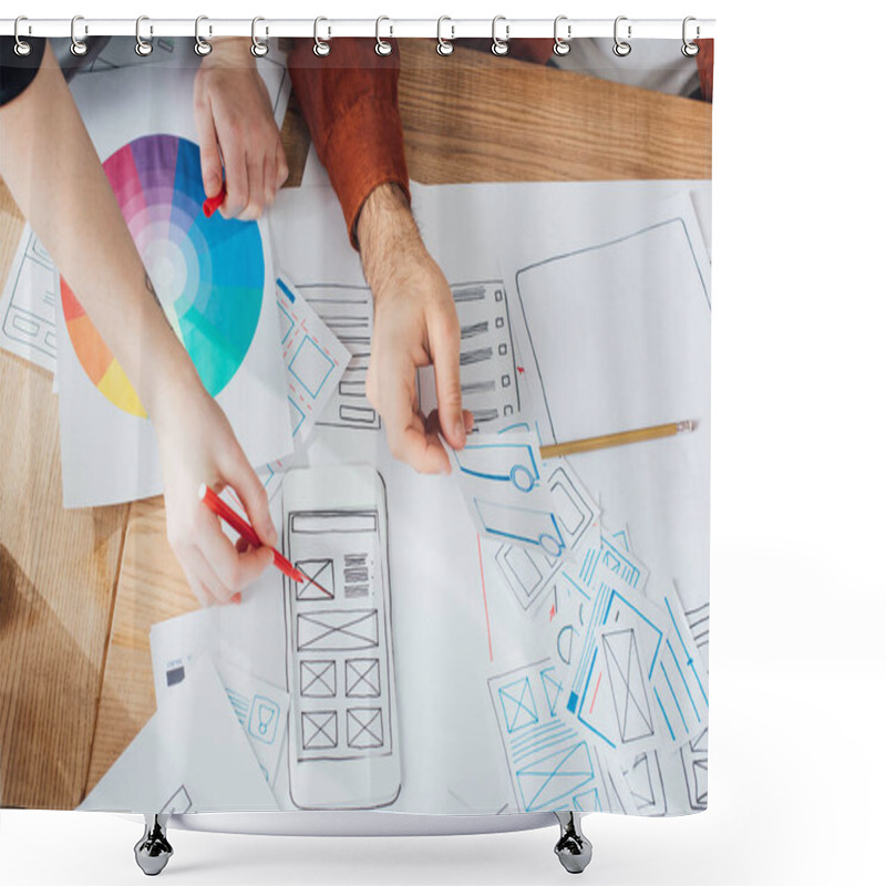 Personality  Cropped View Of Designers Planning User Experience Design With Layouts And Color Circle On Table Shower Curtains