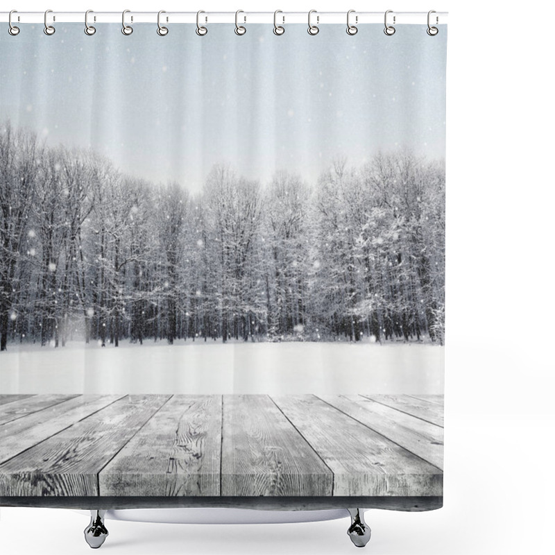 Personality  Wooden Table Over Winter Snow Covered Forest. Beauty Nature Background Shower Curtains