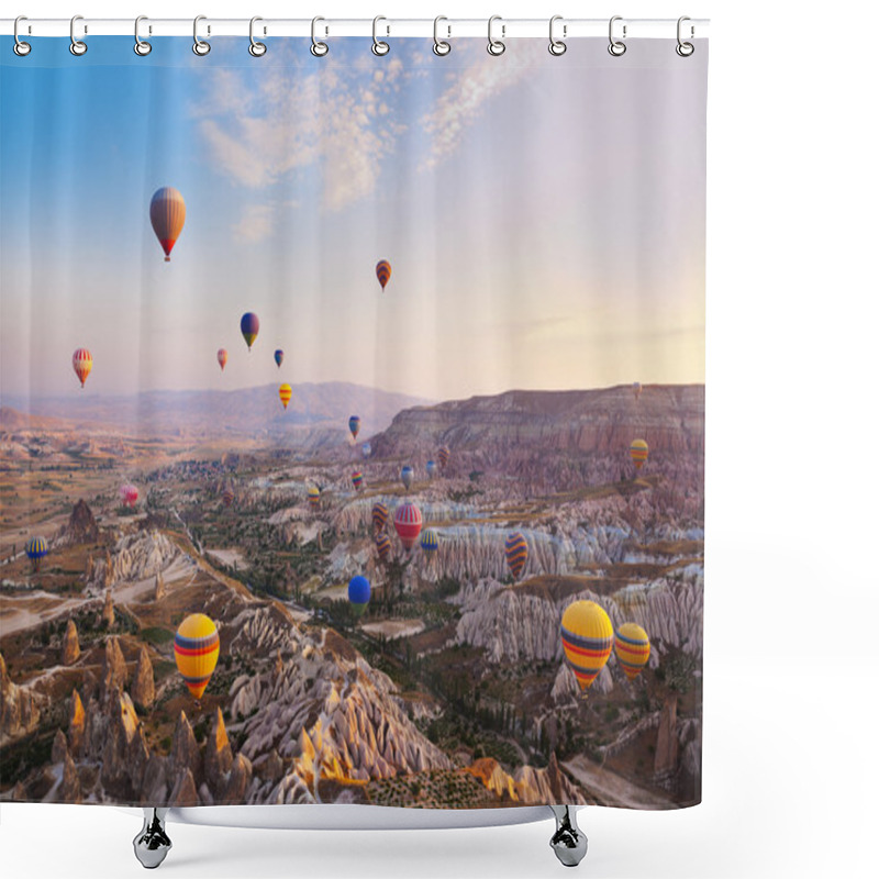 Personality  Hot Air Balloon Flying Over Cappadocia Turkey Shower Curtains