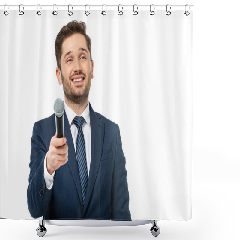 Personality  Happy News Presenter Holding Microphone While Looking Away Isolated On White Shower Curtains