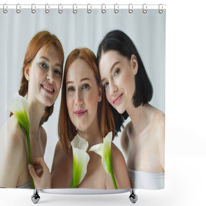 Personality  Smiling Body Positive Women Holding Calla Lilies Isolated On Grey  Shower Curtains