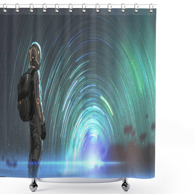 Personality  Science Fiction Scene Of The Astronaut Standing In Front Of Starry Tunnel Entrance, Digital Art Style, Illustration Painting Shower Curtains