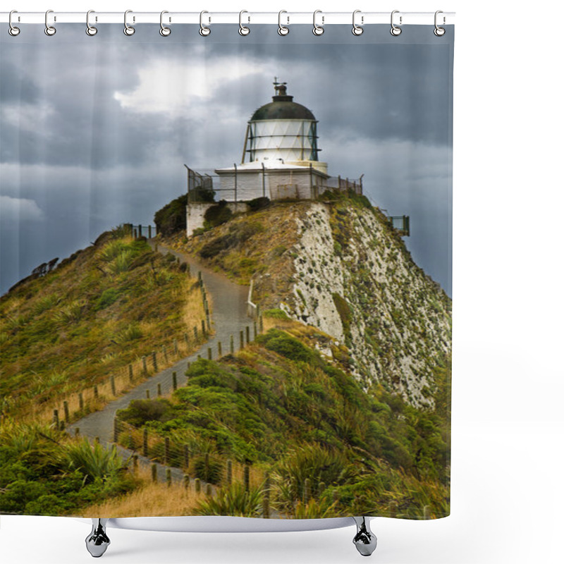 Personality  Nugget Point Light House And Dark Clouds In The Sky Shower Curtains