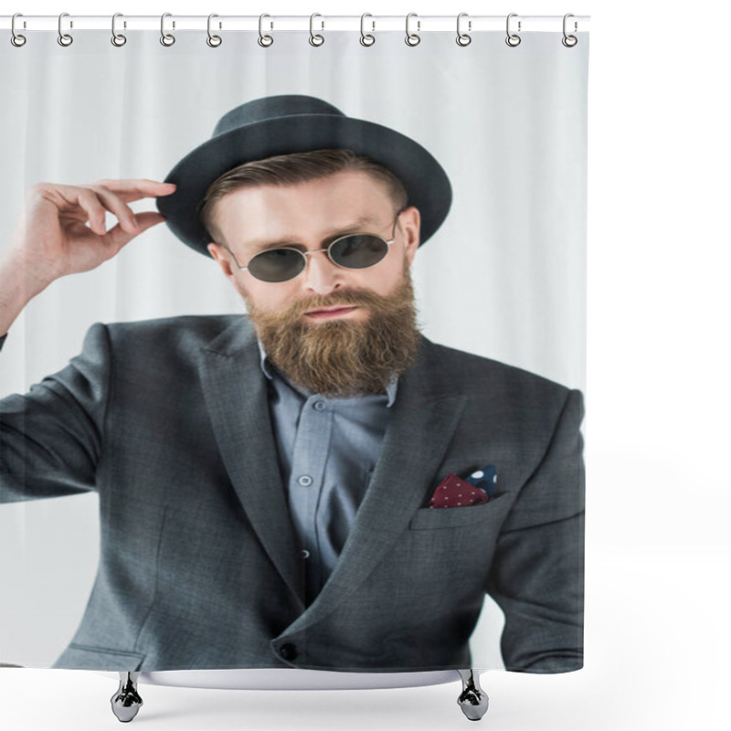 Personality  Stylish Bearded Man Wearing Hat And Sunglasses Isolated On Light Background Shower Curtains