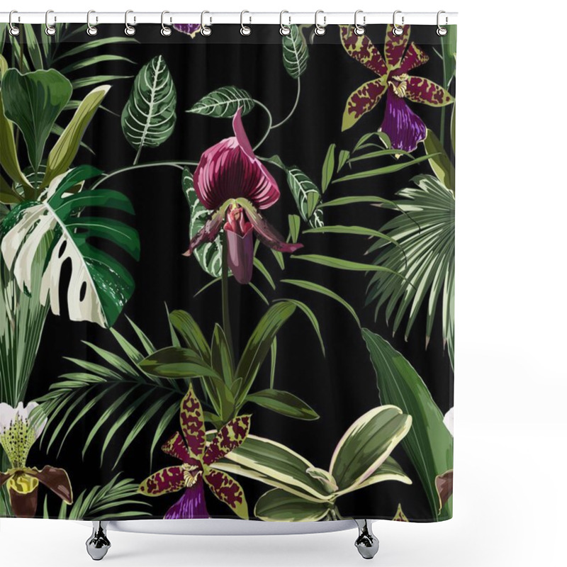 Personality  Exotic Flowers Seamless Pattern. Tropical Violet Bordo Orchid Flowers And Palm Leaves In Summer Print. Hawaiian T-shirt And Swimwear Tile. Black Background. Shower Curtains