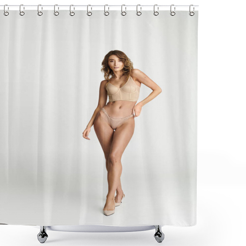 Personality  Young, Beautiful Woman In Chic Lingerie Confidently Showcases Modern Fashion Trends. Shower Curtains