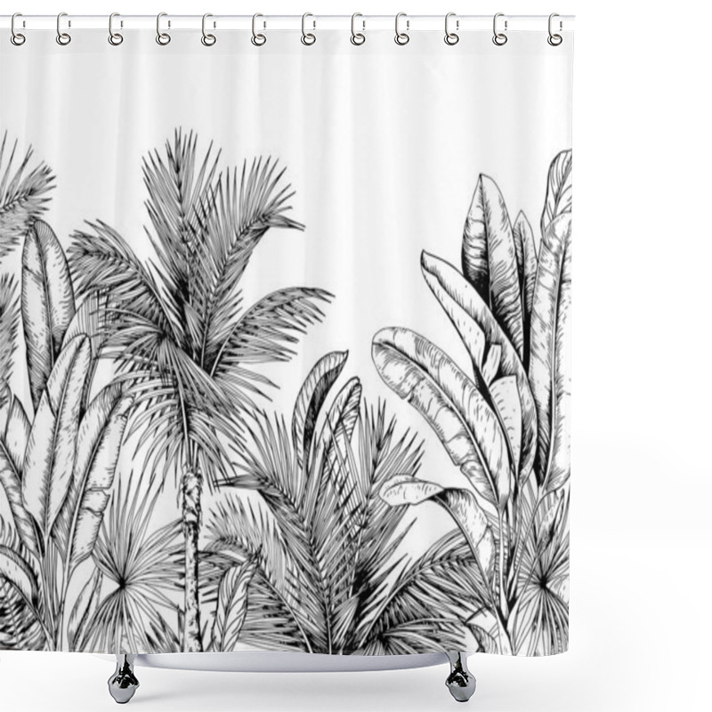 Personality  Tropical Card With Palm Trees And Banana Leaves. Black And White. Hand Drawn Vector Illustration. Shower Curtains