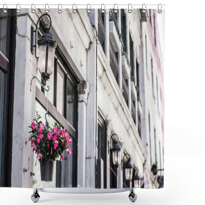 Personality  Pink Flowers In A Hanging Basket Brighten Up A Historic Building's Facade. Shower Curtains