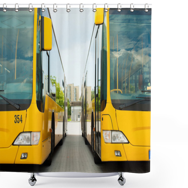 Personality  Busses Parking In Row On Bus Station Or Terminal Shower Curtains