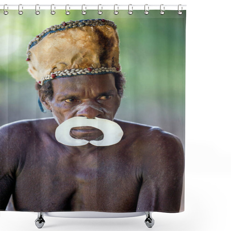 Personality  YOUW VILLAGE, ATSY DISTRICT, ASMAT REGION, IRIAN JAYA, NEW GUINEA, INDONESIA - MAY 23, 2016: Portrait Of A Man From The Tribe Of Asmat People On Asmat Welcoming Ceremony Shower Curtains