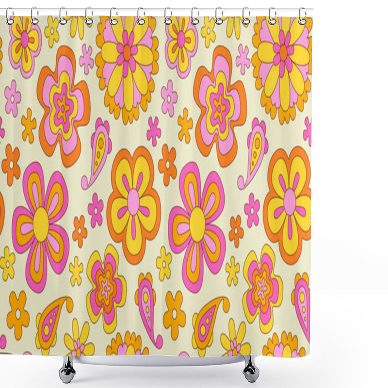 Personality  Vintage Flower Seamless Pattern Illustration. Retro Psychedelic Floral Background Art Design. Groovy Colorful Spring Texture, Hippie Seventies Nature Backdrop Print With Repeating Daisy Flowers. Shower Curtains