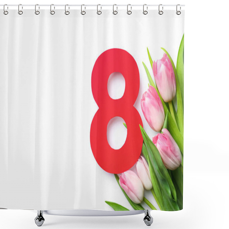 Personality  8 March Greeting Card Design With Tulips On White Background, Top View. Space For Text Shower Curtains