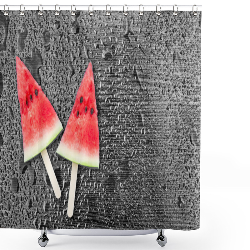 Personality  Slice Of Watermelon With Ice Cubes On A Black Background. Ice Cream With The Taste Of Watermelon Shower Curtains