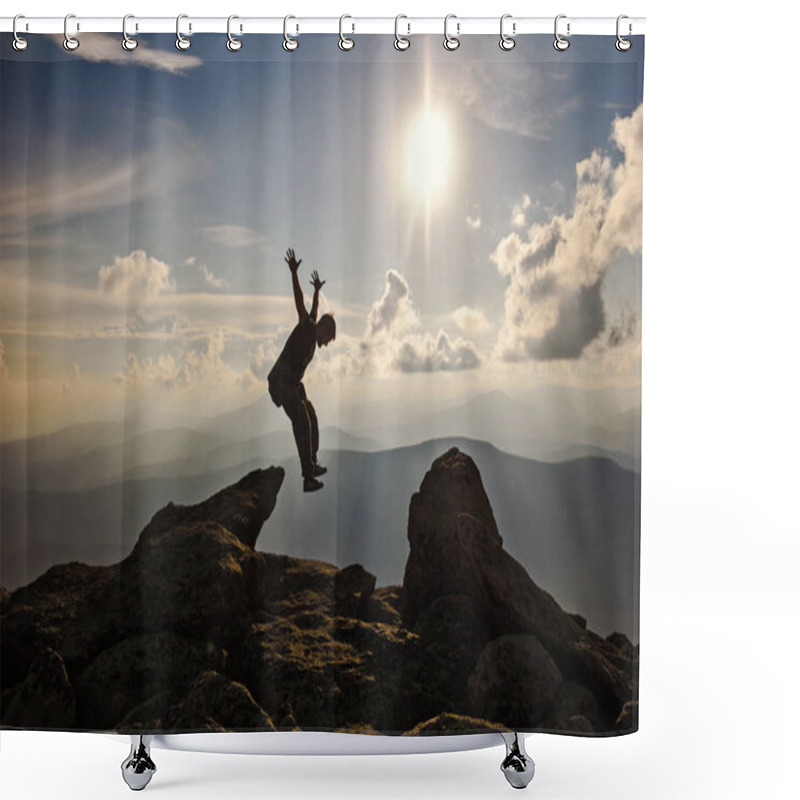 Personality  Hiker With Backpack Jumping Over Rocks  Sunset Sky On The Background Shower Curtains