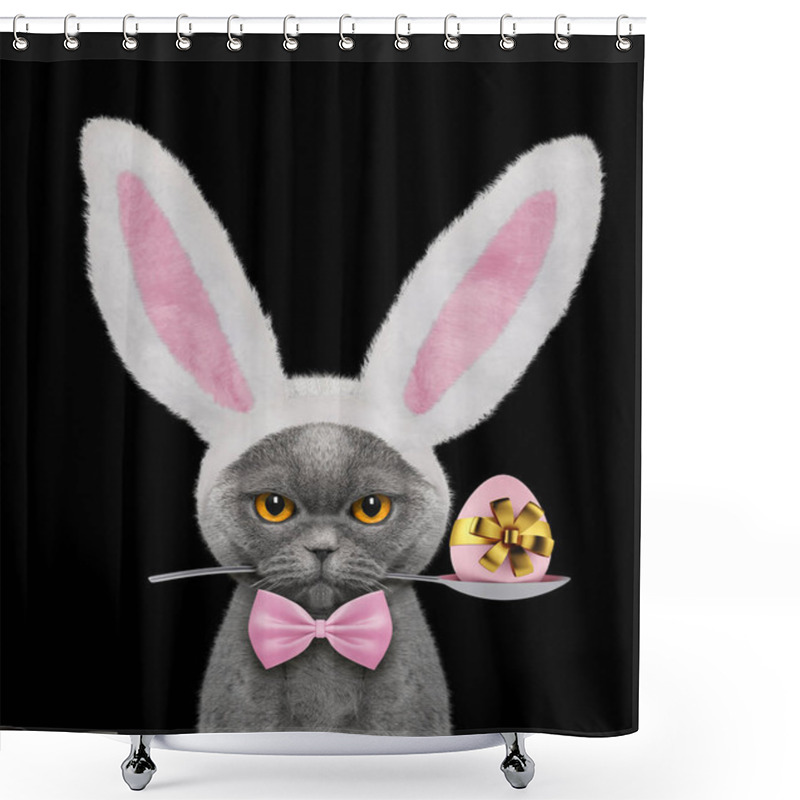 Personality  Pretty Cat With Rabbit Ears And Easter Egg. Isolated On Black Shower Curtains