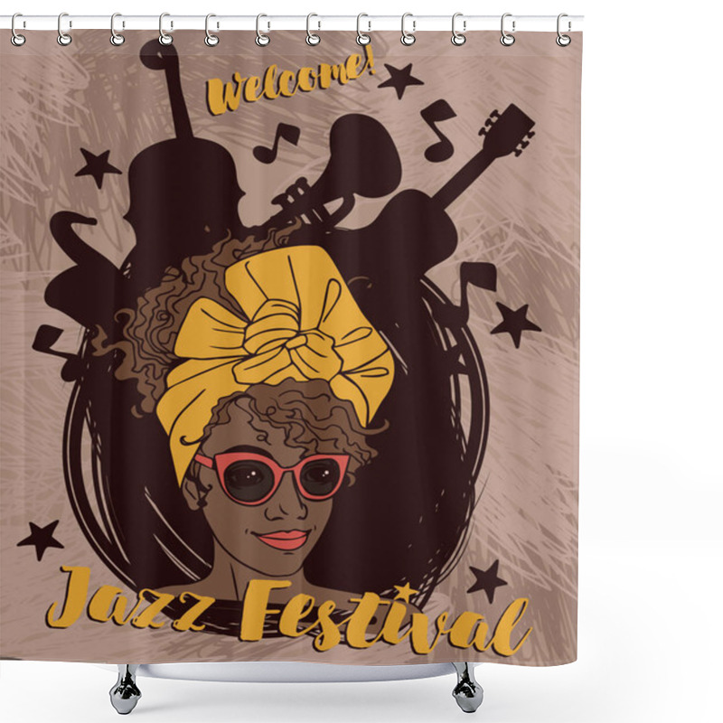 Personality  Fashion Modern Woman And Musical Instruments, Jazz Festival Poster Shower Curtains